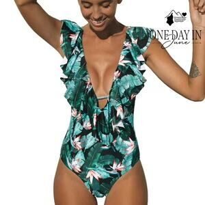 Sporlike Ruffle Shoulder One Piece Swimsuit Size XL